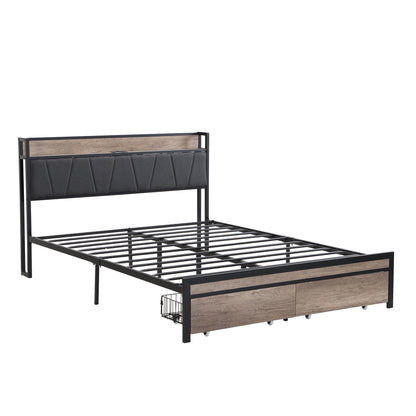 Modern Bed Frame With LED Lights, Upholstered Headboard, USB Charging