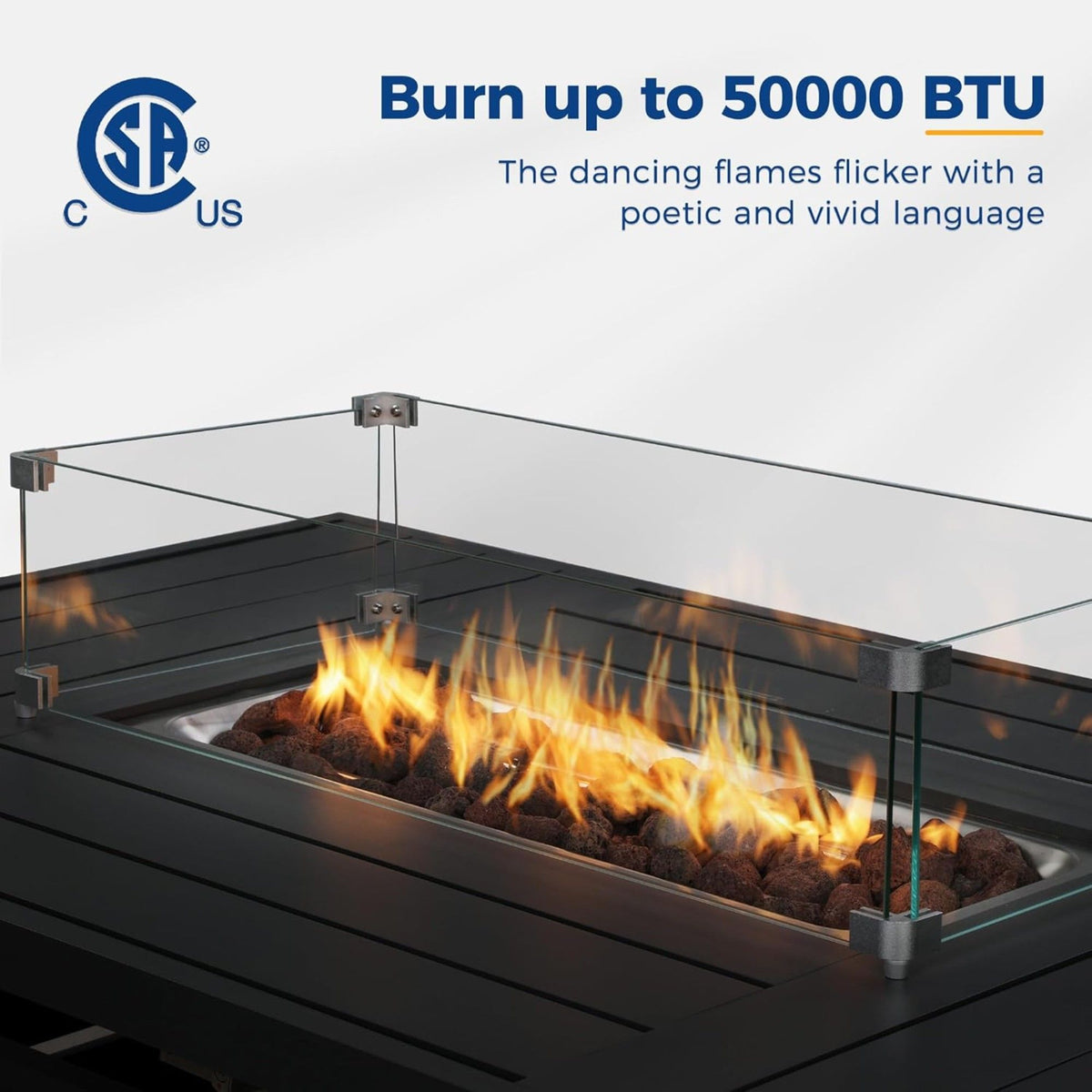 Rectangular Propane Fire Pit Table With Burner, Lava Rock, Waterproof Cover