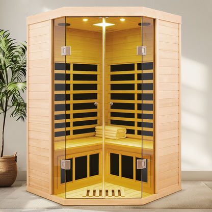2 Persons Large Glass Front Deluxe Version Hemlock Far Infrared Corner Sauna Room - Natural