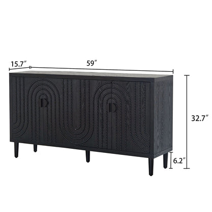 Modern Sideboard Cabinet With Decorative Nailhead Accents, Stylish Storage Solution For Dining, Living Rooms - Black