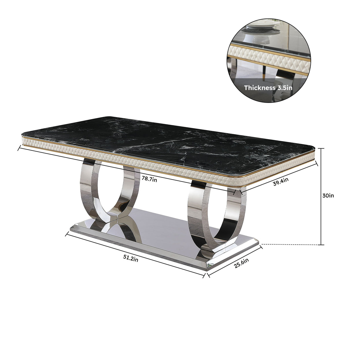 Luxury Modern Dining Table With Faux Marble Top And Dual Circle Base - Black