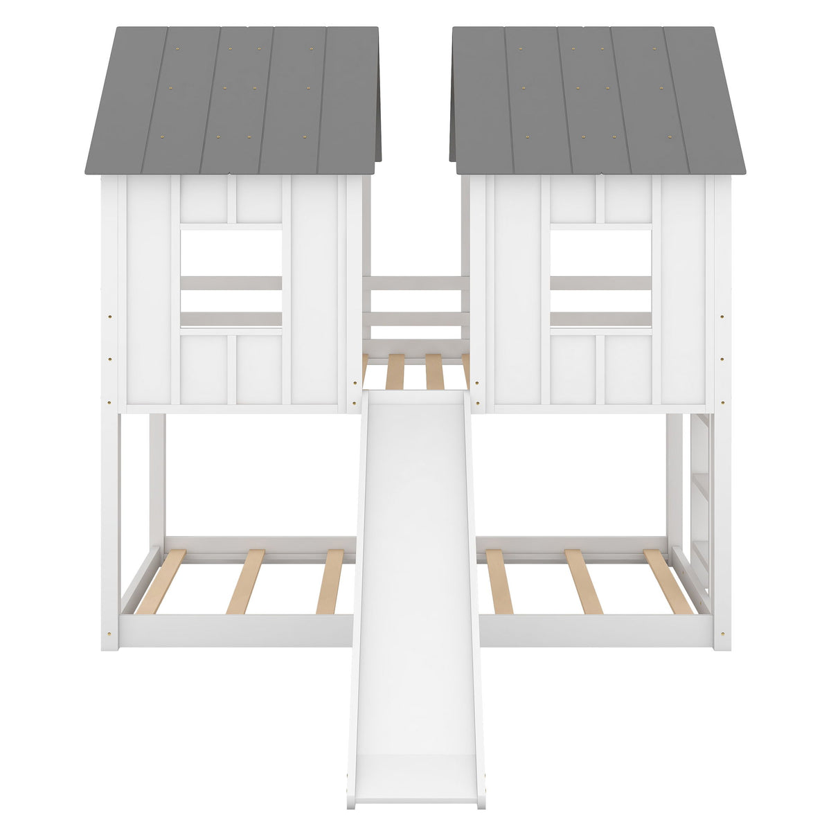 Twin Over Twin House Bunk Bed & Slide And Windows - White