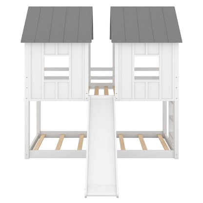 Twin Over Twin House Bunk Bed & Slide And Windows - White