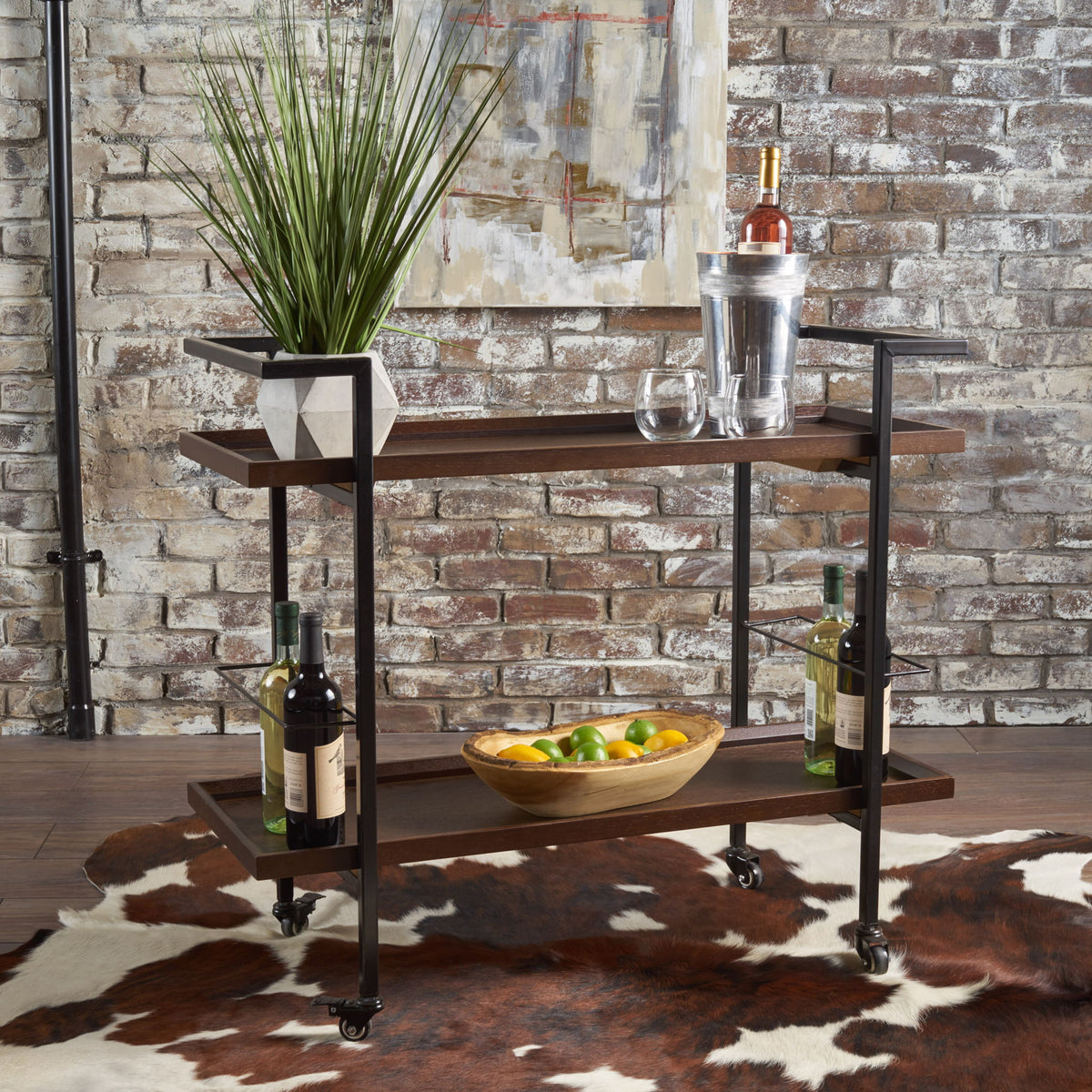 Modern Industrial Bar Cart With Shelving And Casters