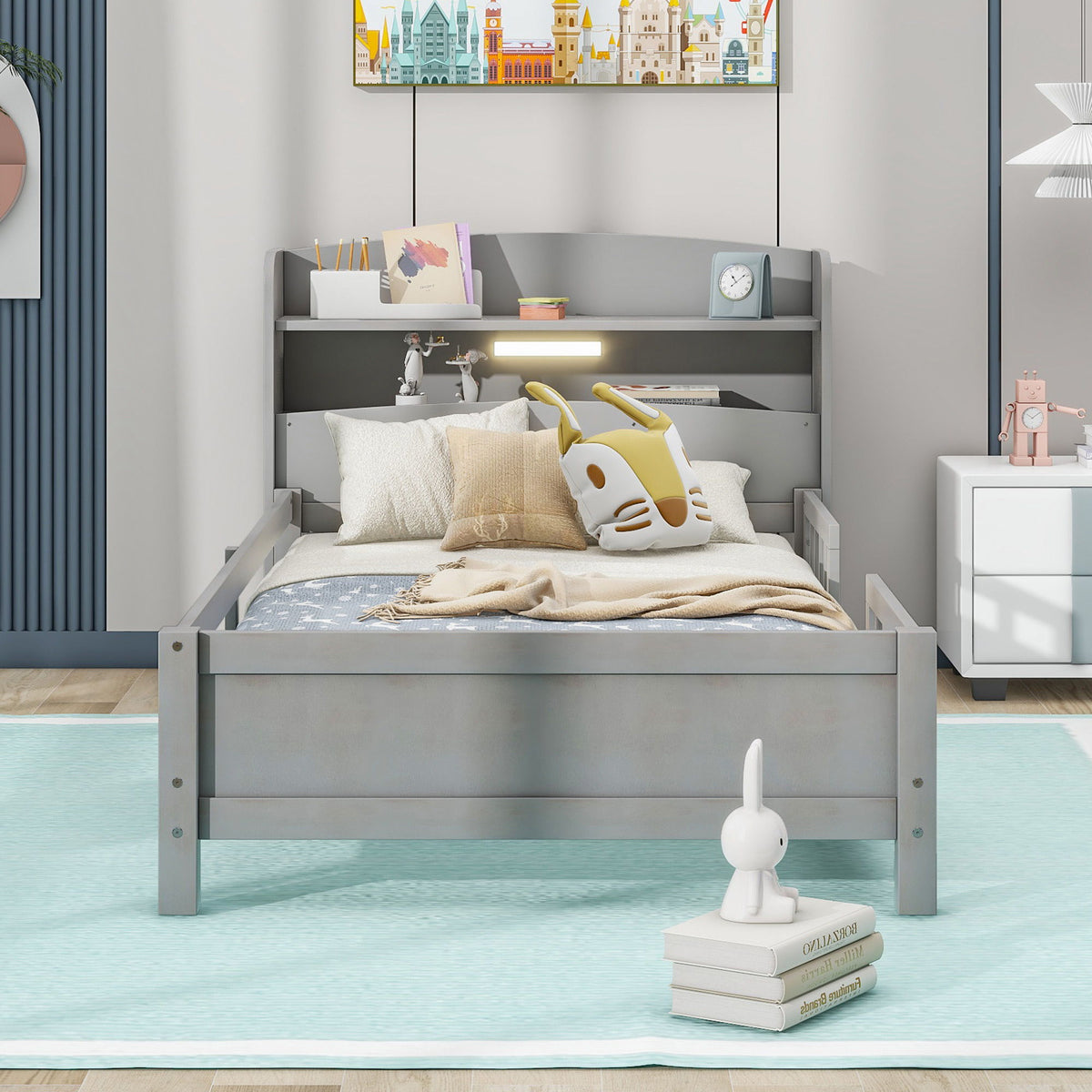 Wood Platform Bed With Built In LED Light, Storage Headboard And Guardrail