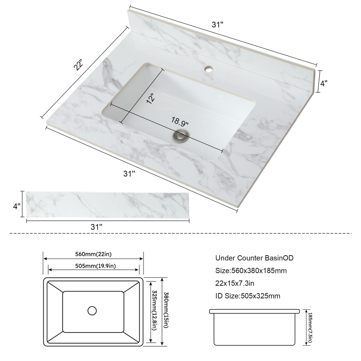 Elegant Bathroom Vanity Top With Rectangular Ceramic Sink And Backsplash