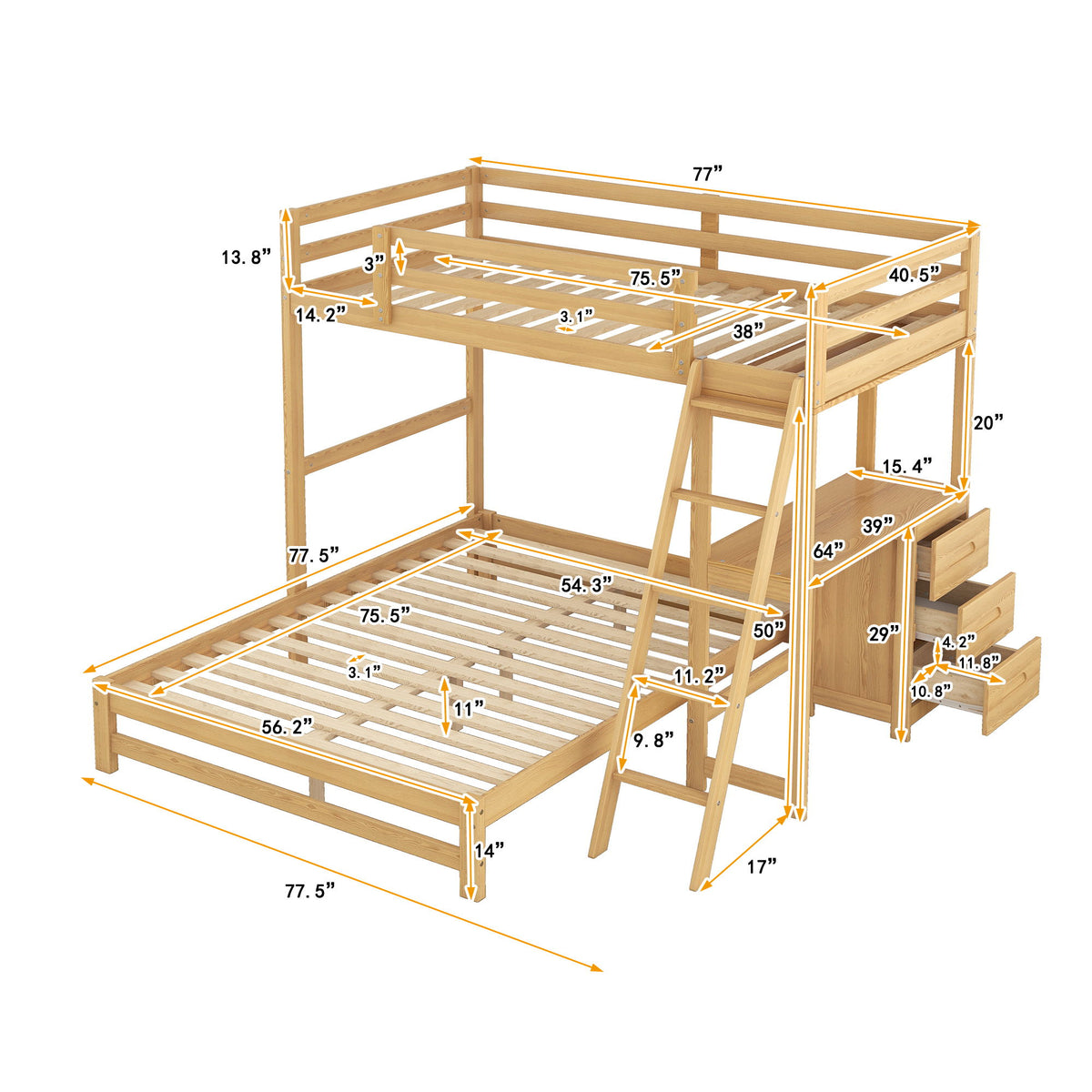 Bunk Bed With Built In Desk And 3 Drawers