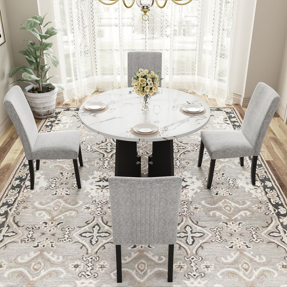 5 Piece Round Dining Table Set, Dining Table And 4 Upholstered Chairs For Dining Room, Kitchen Room, Living Room - White / Gray