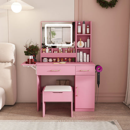 Vanity Desk With LED Mirror Lights And Charging Outlet