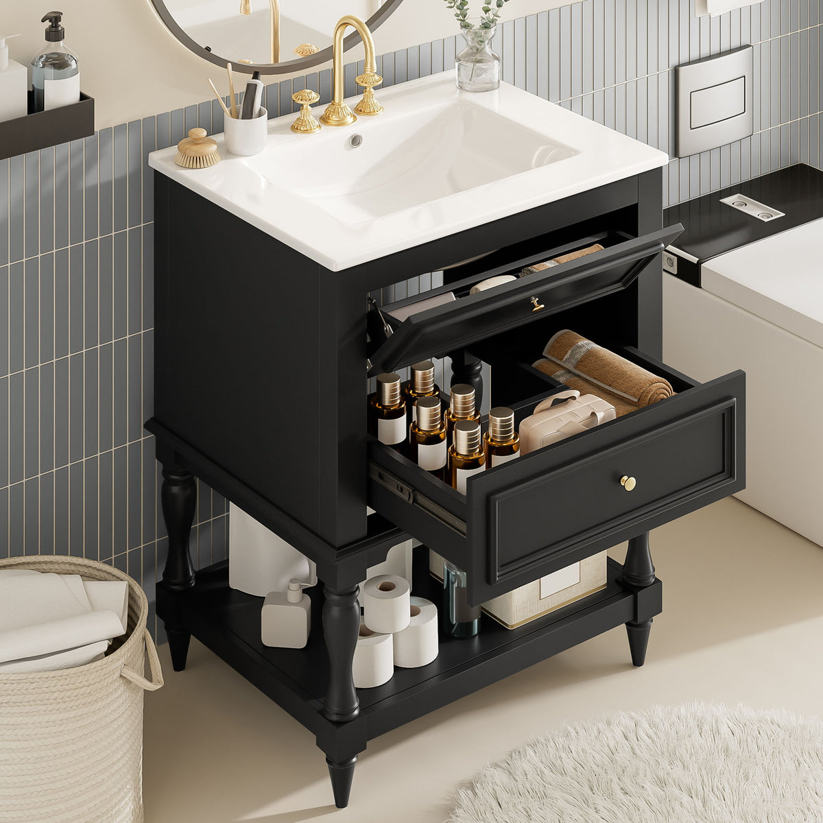 Bathroom Vanity With Sink, 2 Drawers Storage Cabinet, Open Shelf