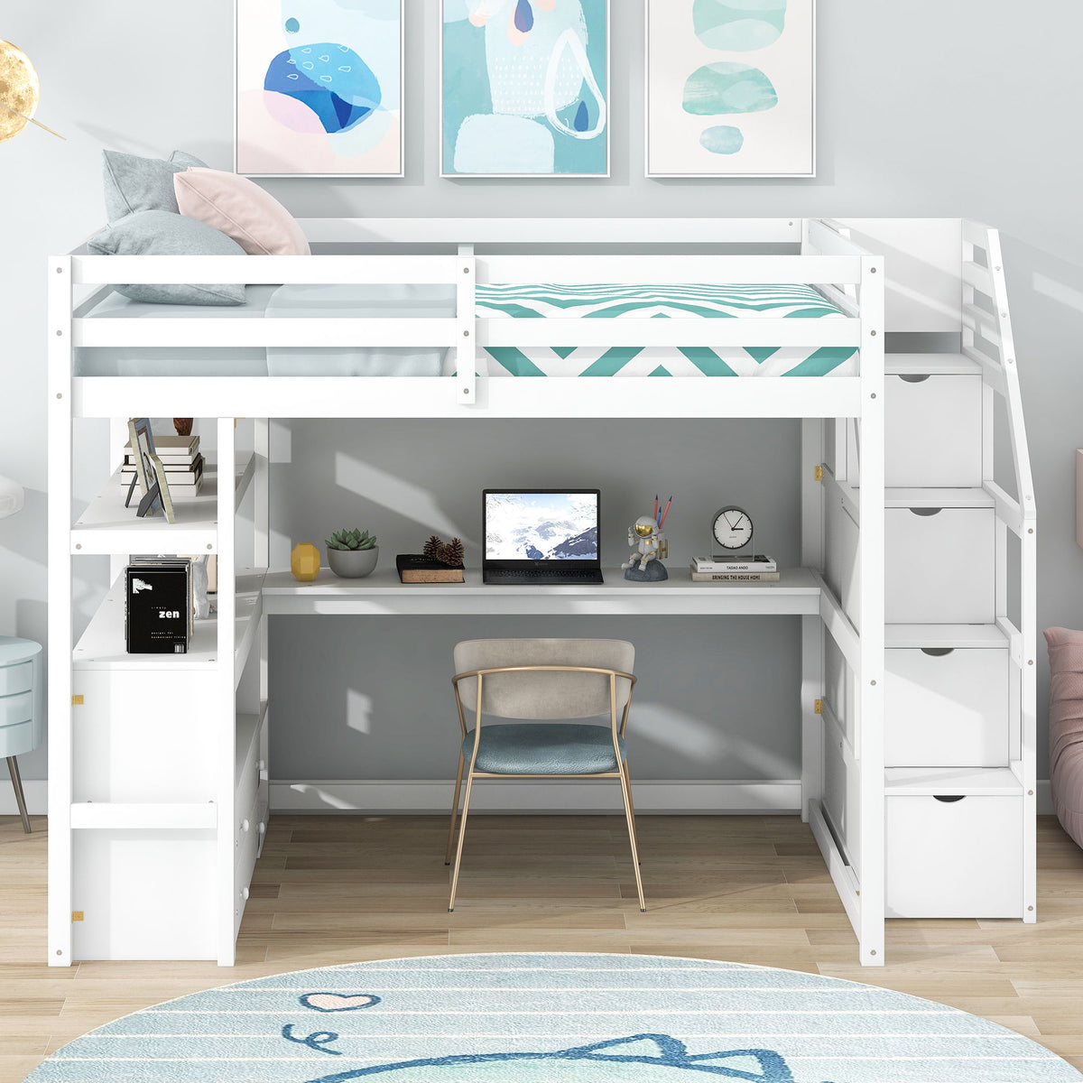 Loft Bed With Desk, Shelves, 2 Drawers, Storage Staircase