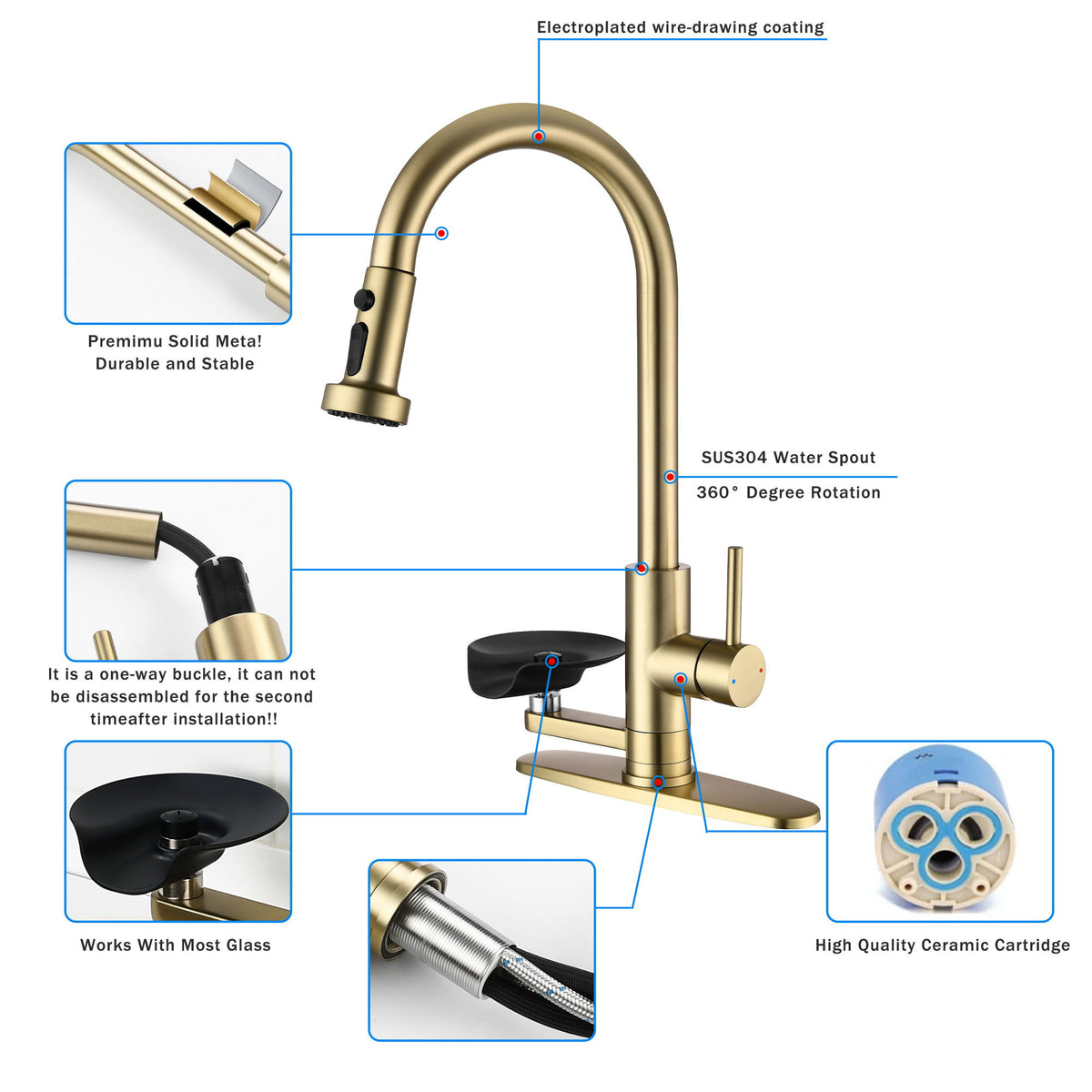 3 In 1 Kitchen Faucet With Press Type Glass Rinser, High Arc Pull Down Sprayer
