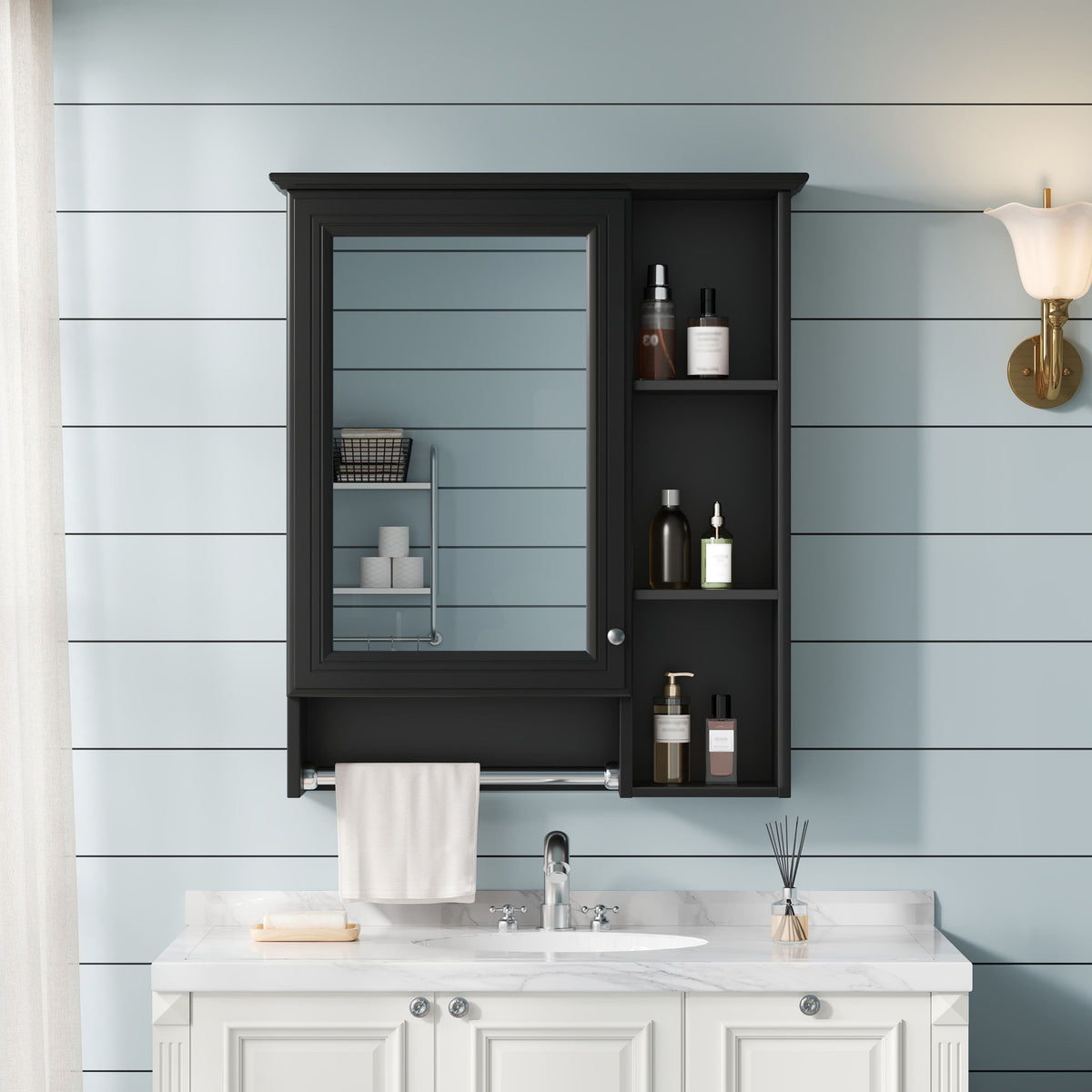 Modern 3 In 1 Bathroom Mirror Cabinet With Adjustable Shelf & Towel Bar