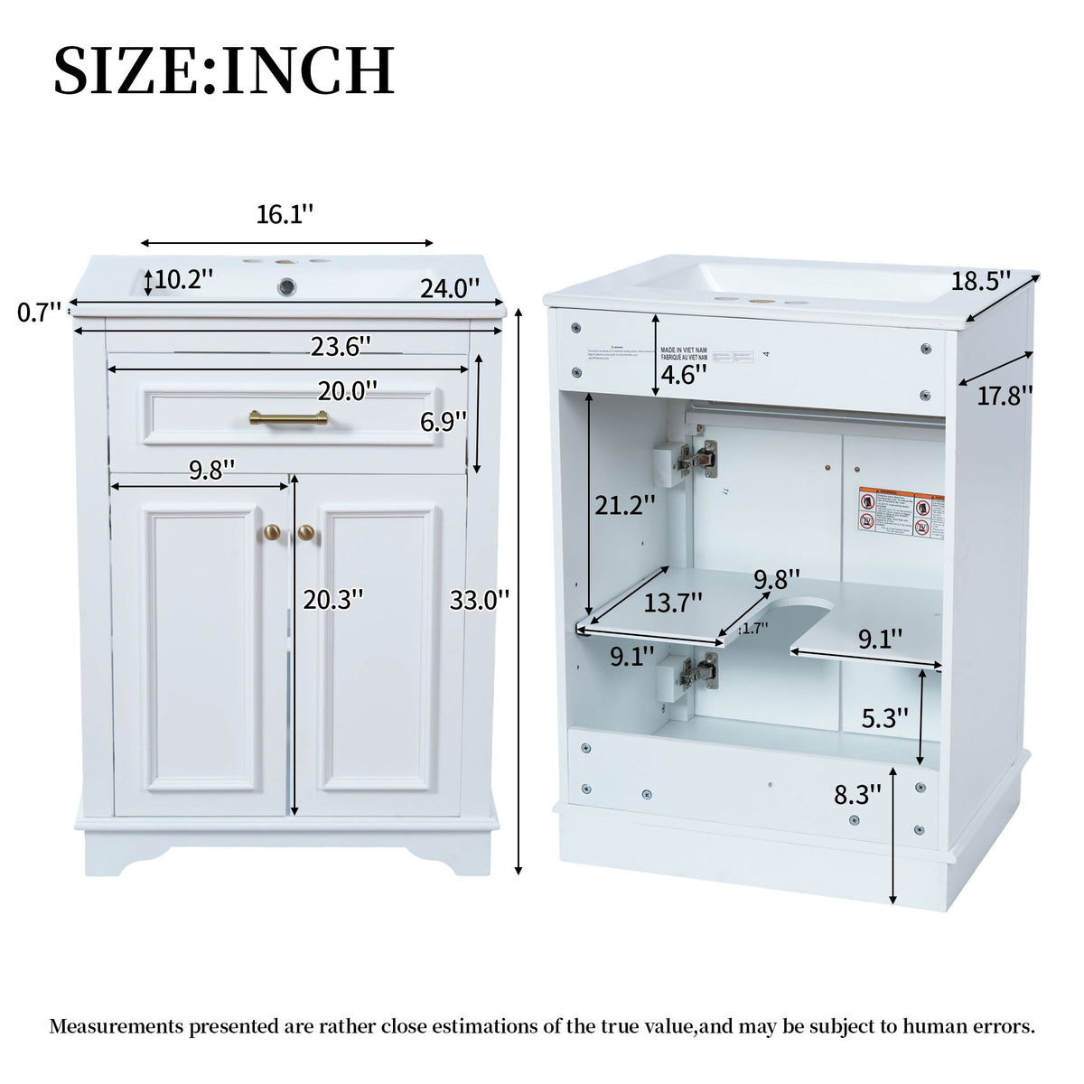 Bathroom Vanity With Integrated Sink, 2 Door Cabinet With Tip Out Drawer, Rectangular Design