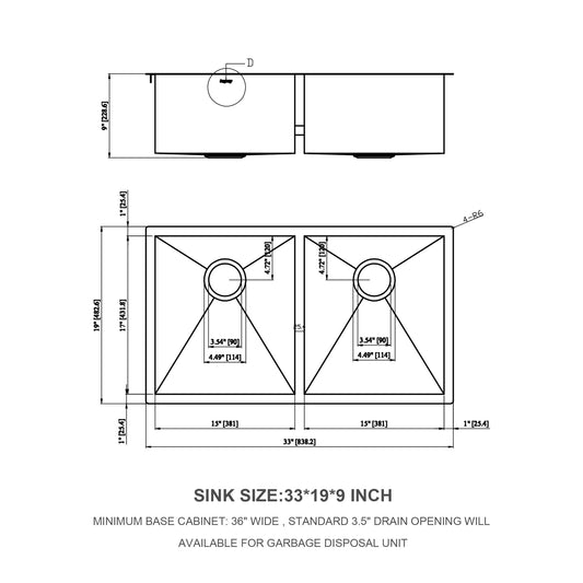 Undermount Double Bowl Kitchen Sink 16 Gauge With 9" Deep Basin - Brushed Nickel