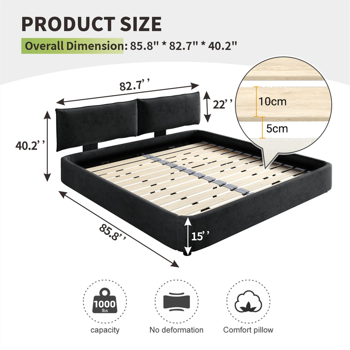 Cloud Bed Frame With Oversized Padded Movable Headboard