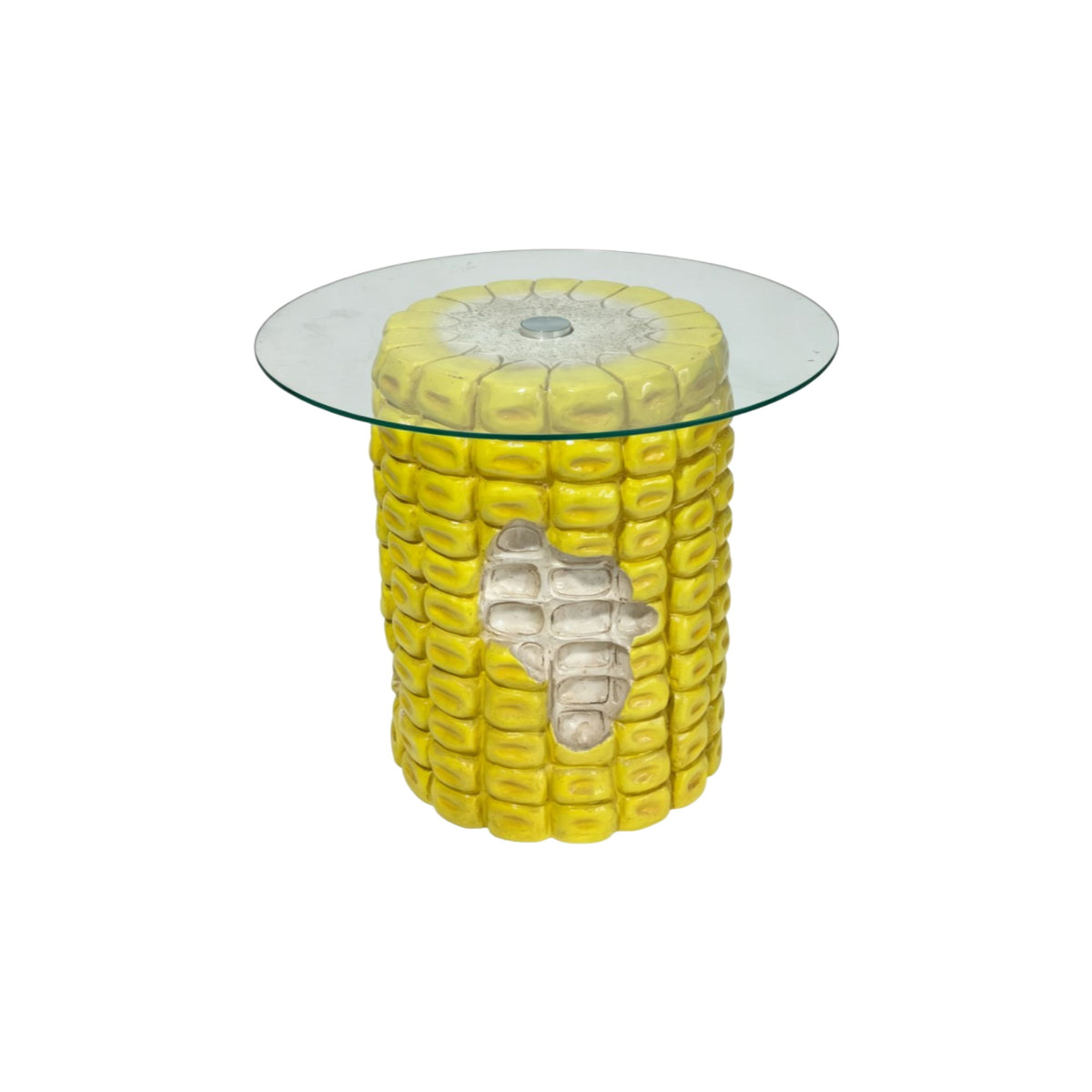 Whimsical Corn Cob Side Table With Glass Top, Accent Furniture For Indoor & Outdoor Use - Yellow