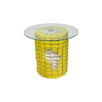 Whimsical Corn Cob Side Table With Glass Top, Accent Furniture For Indoor & Outdoor Use - Yellow