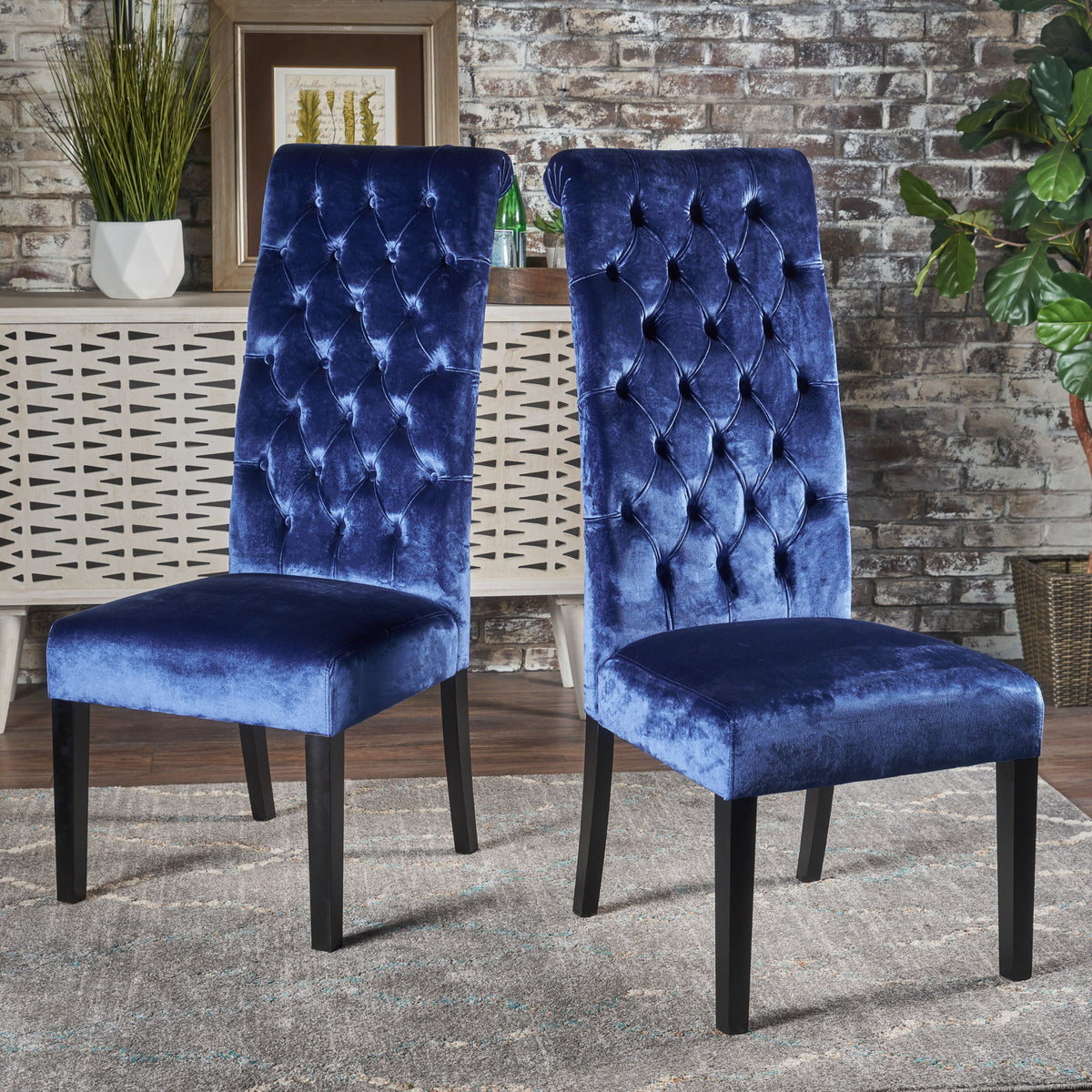 Elegant George Hi Back Dining Chair (Set of 2) With Tufted Velvet - Navy Blue