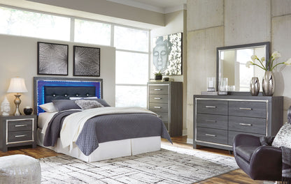 Lodanna - 3 Pc. - Dresser, Mirror, Queen Upholstered Panel Headboard with Bolt on Bed Frame - Gray