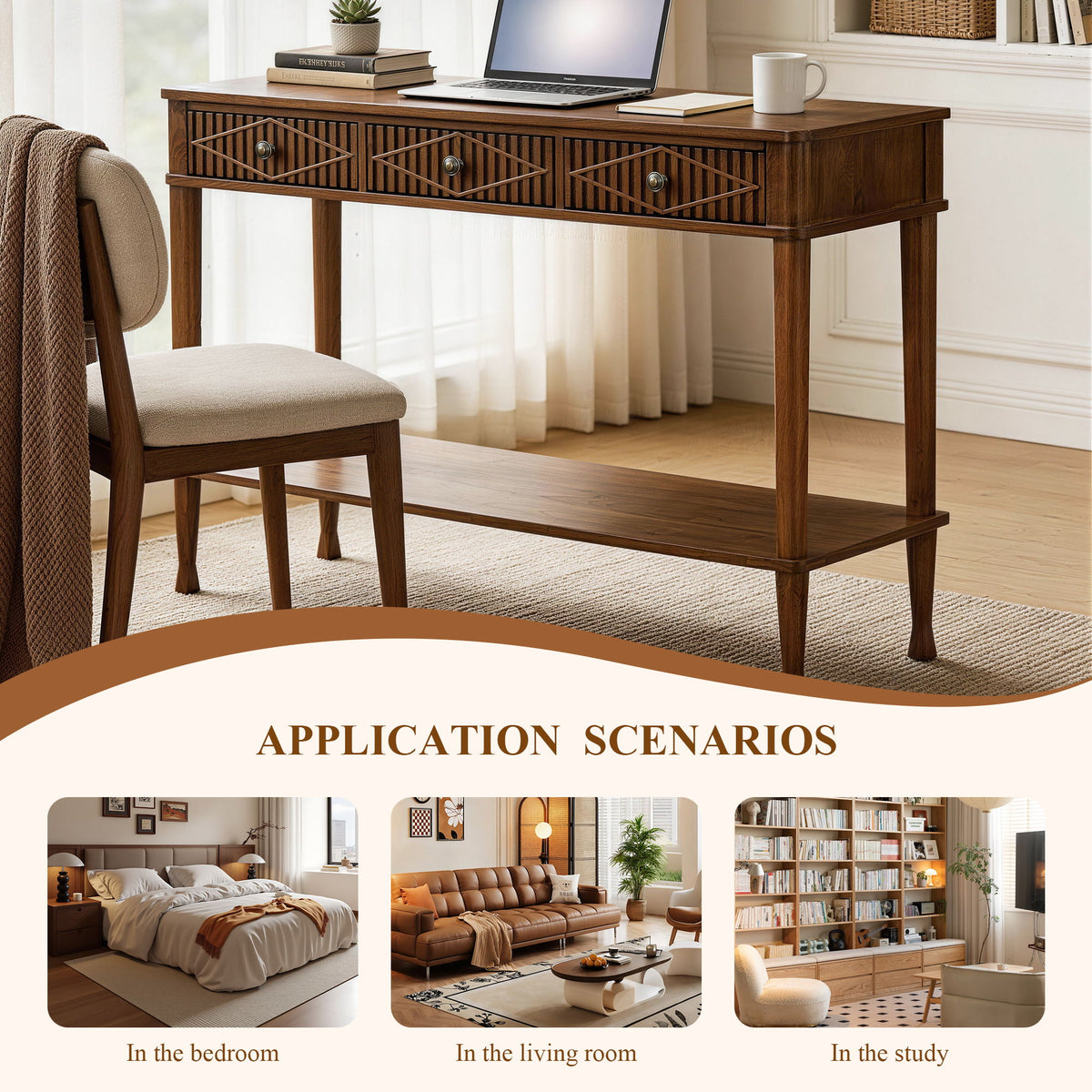Console Table With Reeded Diamond Pattern Drawer Fronts, Open Storage Shelf For Living Room - Walnut