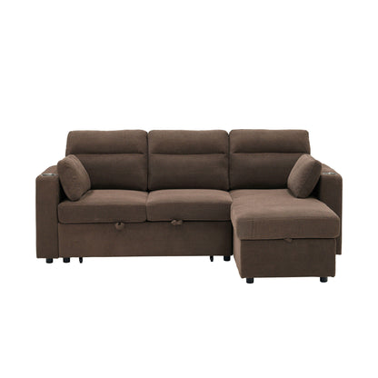 Convertible Sectional Sofa With Storage Chaise, Cup Holders And Pull Out Sleeper
