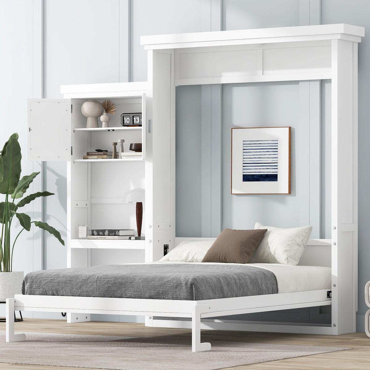 Queen Size Murphy Bed With Louvered Design And Multiple Storage Shelves - White