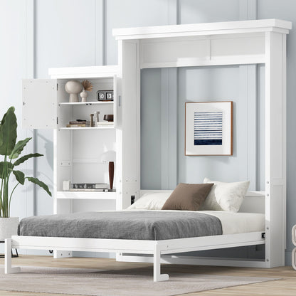 Queen Size Murphy Bed With Louvered Design And Multiple Storage Shelves - White