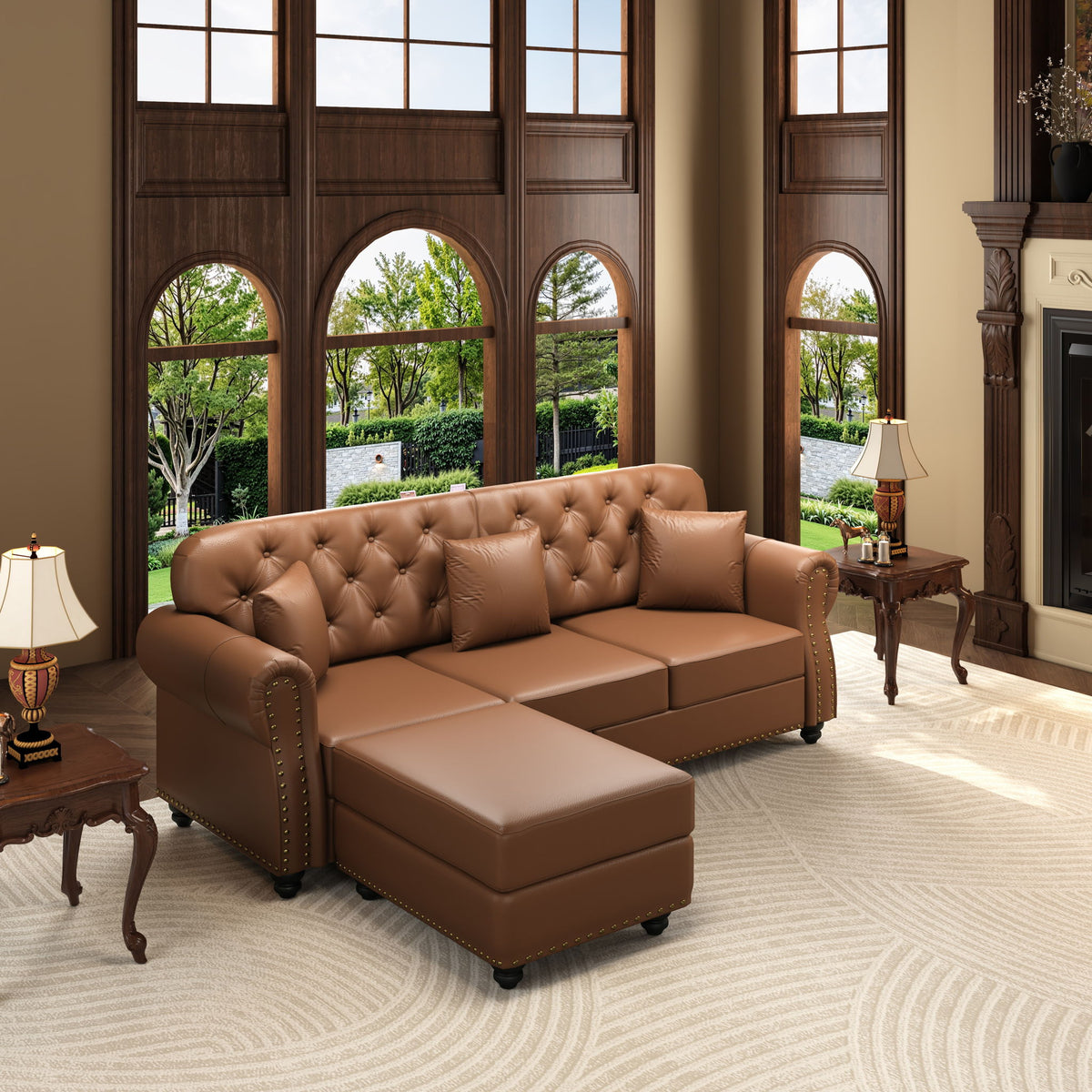 Upholstered Sofa With Nailhead Trim, Rolled Armrests With Ottoman