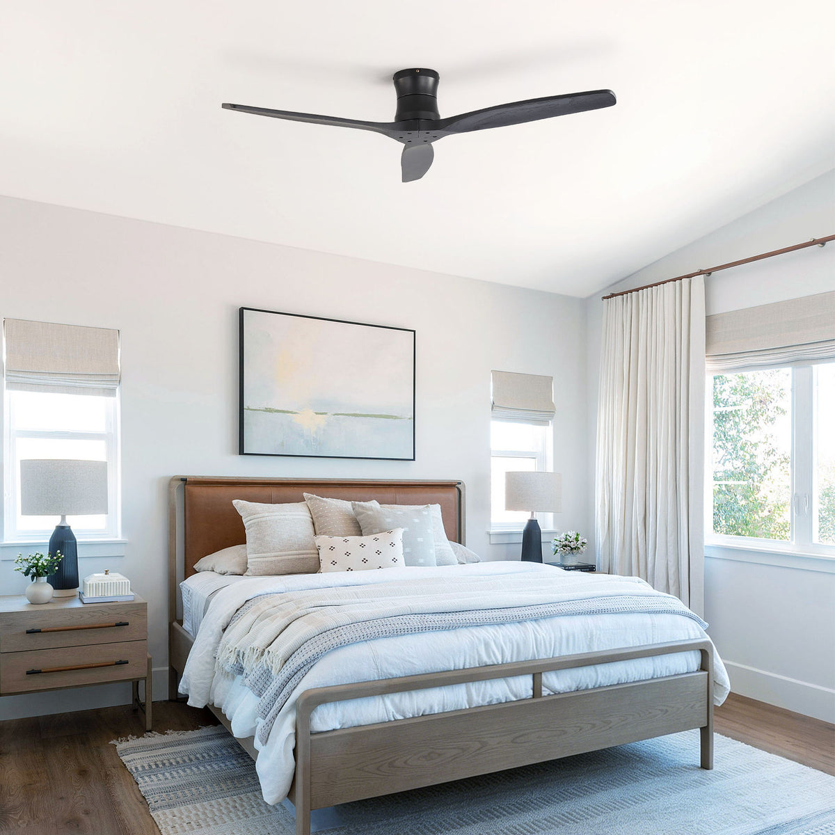 52" Ceiling Fan, No Light Flush Mount Low Profile 3 Blades With Remote Control