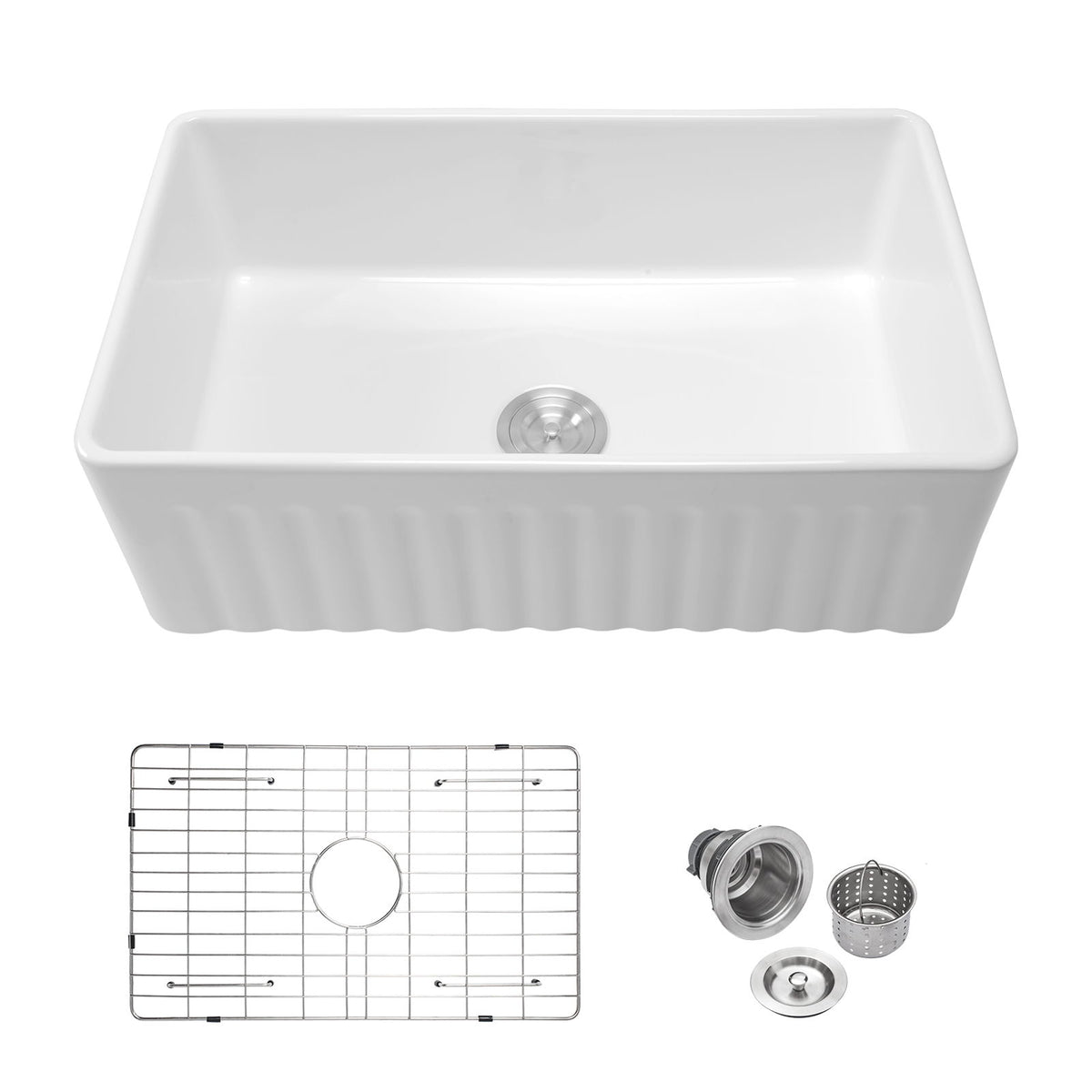 Ceramic Farmhouse Sink With Deep Basin And Stainless Steel Grid
