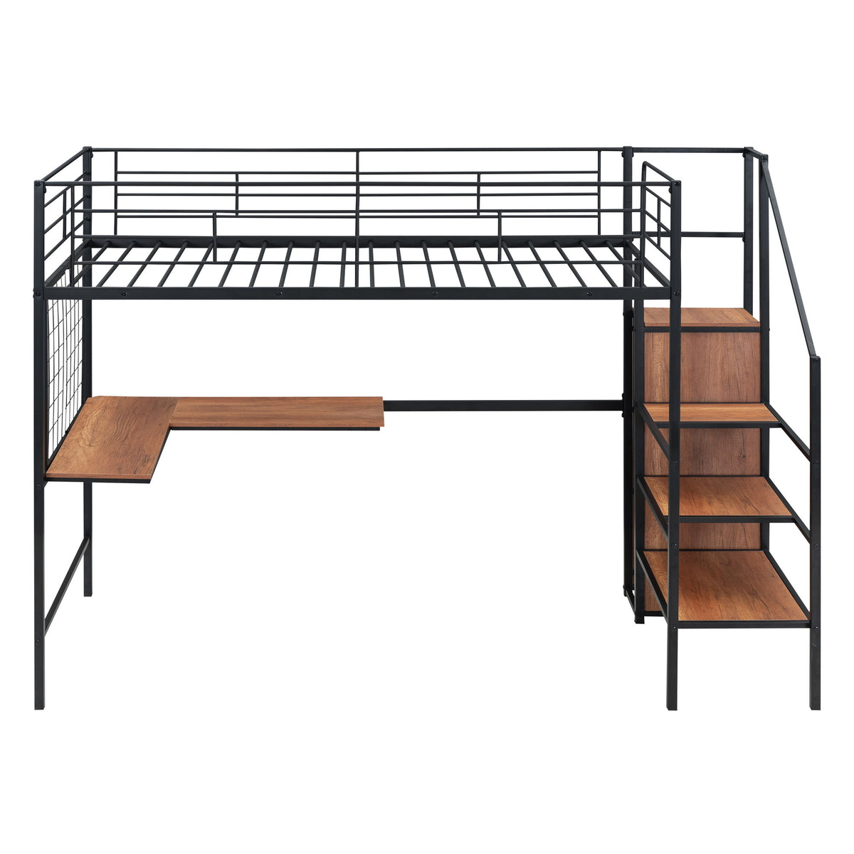 Loft Bed With Desk And Grid, Stylish Frame With Lateral Storage Ladder And Wardrobe
