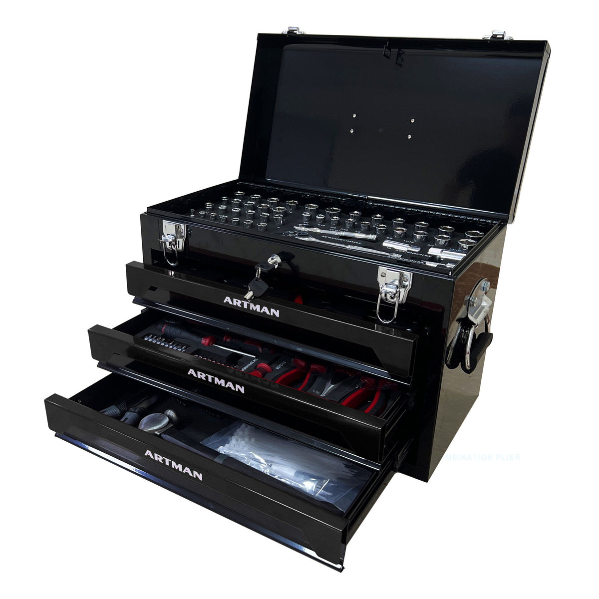 Portable 3 Drawer Steel Toolbox, 4 Layers Of Tools With Metal Latches, With Storage Tray And Carrying Handle