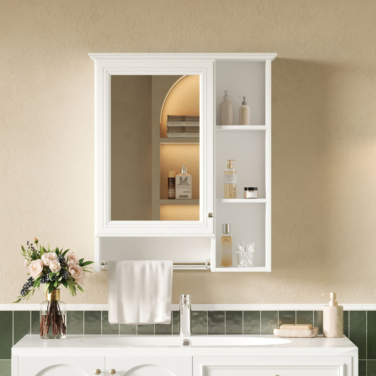 Modern 3 In 1 Bathroom Mirror Cabinet With Adjustable Shelf & Towel Bar