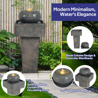 Minimalist Column Fountain With LED Lighting, Outdoor Decor For Patio, Porch And Garden - Gray