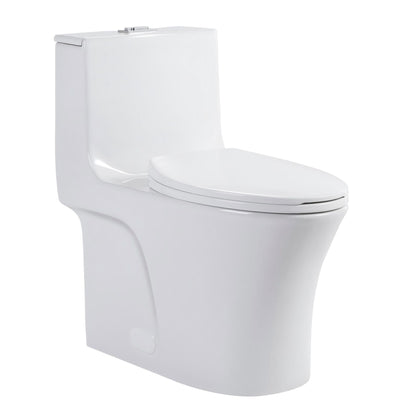 Elegant One Piece Toilet With Tornado Dual Flush, Siphonic S Trap 12", Soft Close Seat, Dual Flush, Ada Height, Glossy - Gloss White