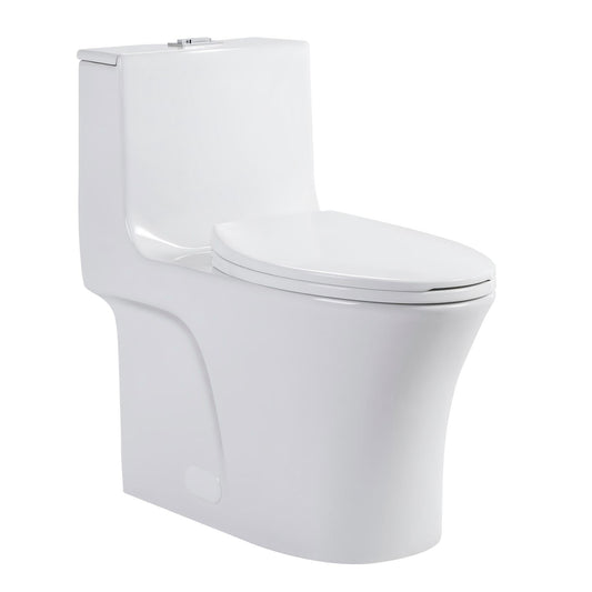 Elegant One Piece Toilet With Tornado Dual Flush, Siphonic S Trap 12", Soft Close Seat, Dual Flush, Ada Height, Glossy - Gloss White