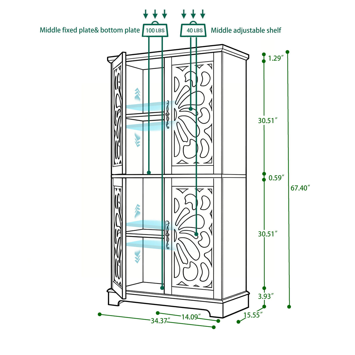 Modern Sideboard Buffet With 4 Mirrored Doors, Adjustable Shelves