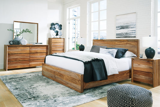 Dressonni - 4 Pc. - Dresser, Mirror, Chest, Queen Panel Bed - Brown