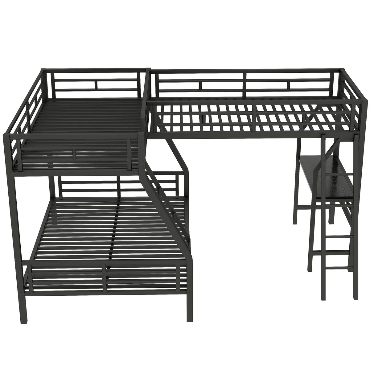 Twin Over Full Bunk Bed With Loft And Desk, L-Shaped Design For 3 Sleepers - Black