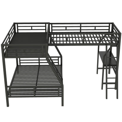 Twin Over Full Bunk Bed With Loft And Desk, L-Shaped Design For 3 Sleepers - Black