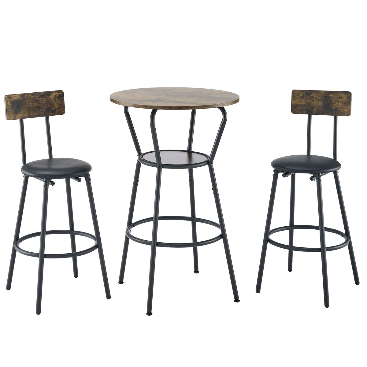 Rustic Brown Round Bar Table And Stool Set With Shelf, Upholstered Stool With Backrest - Antique Brown