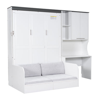 Multi Functional Murphy Bed With Sofa, Desk, And Storage Cabinet In, Full Size - White