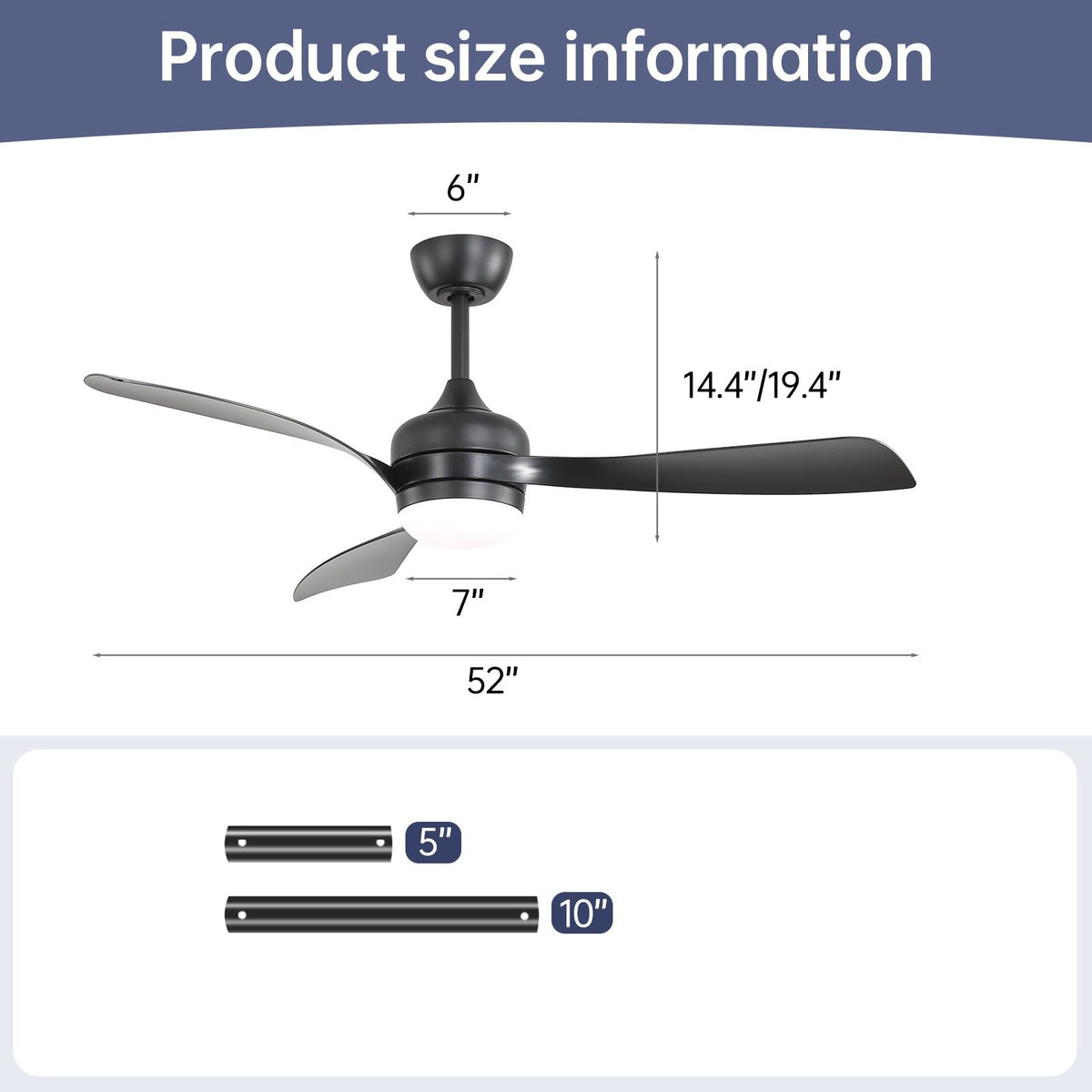 Ceiling Fan With 3 Blades, Remote Control, Reversible DC Motor, Noiseless Operation, 3 Downrods