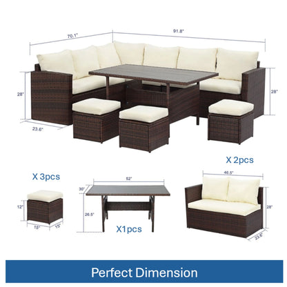 7 Piece Outdoor Dining Set With Cushions, Modular Sectional Sofa And Table