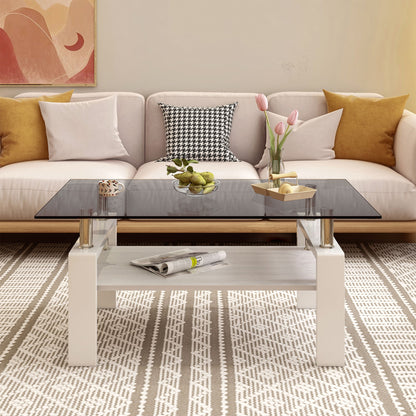 Modern Rectangular Coffee Table With Tempered Transparent Glass Top And Storage Shelf