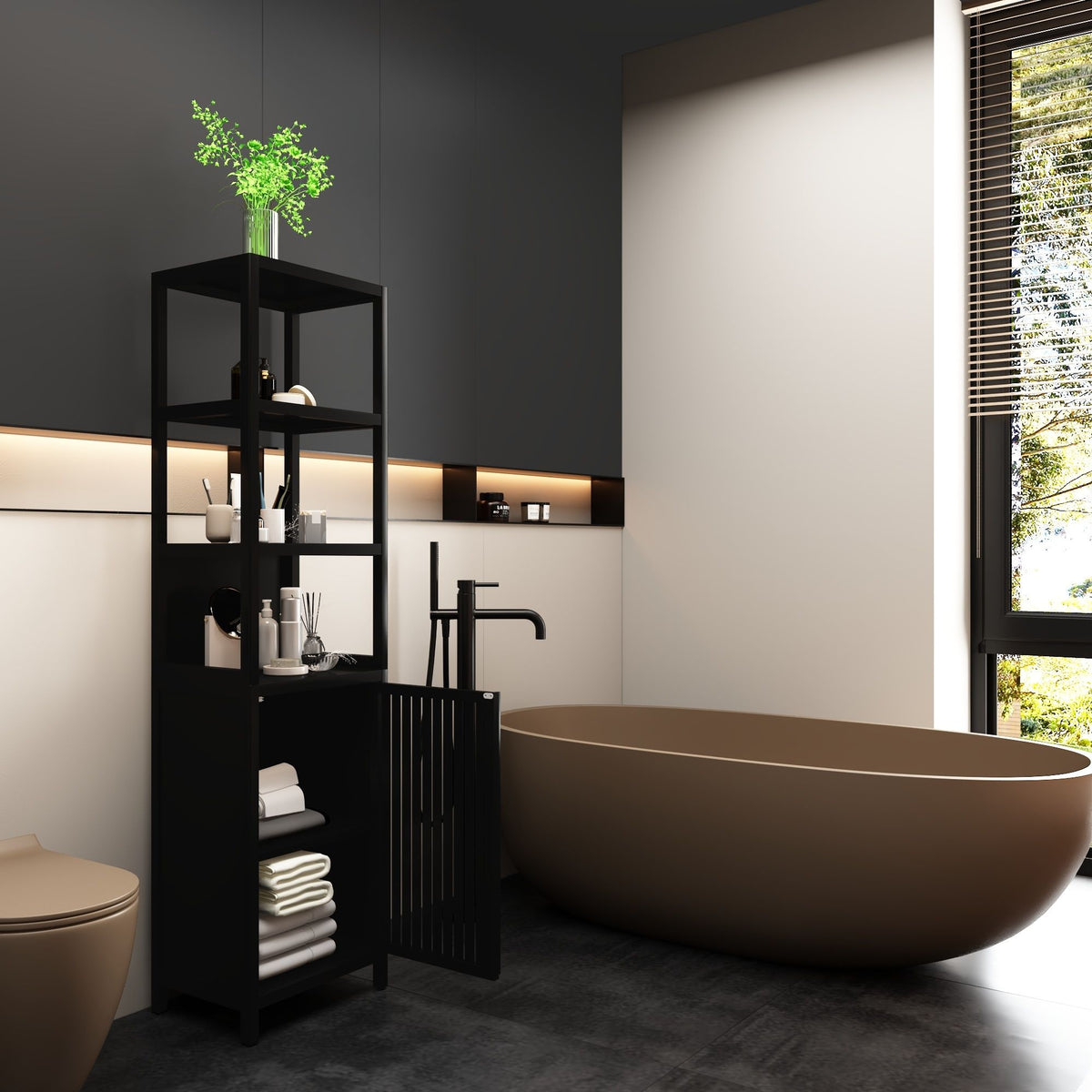 Storage Cabinet With Tall Tower, Multifunctional For Bathroom