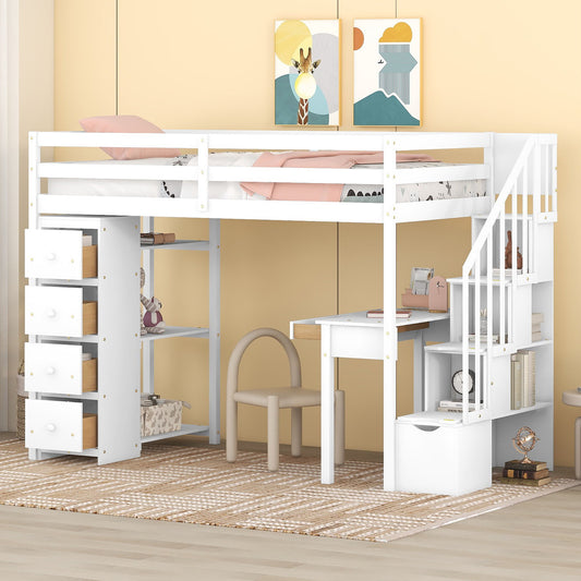 Loft Bed With Storage Drawers, Desk And Stairs With Shelves