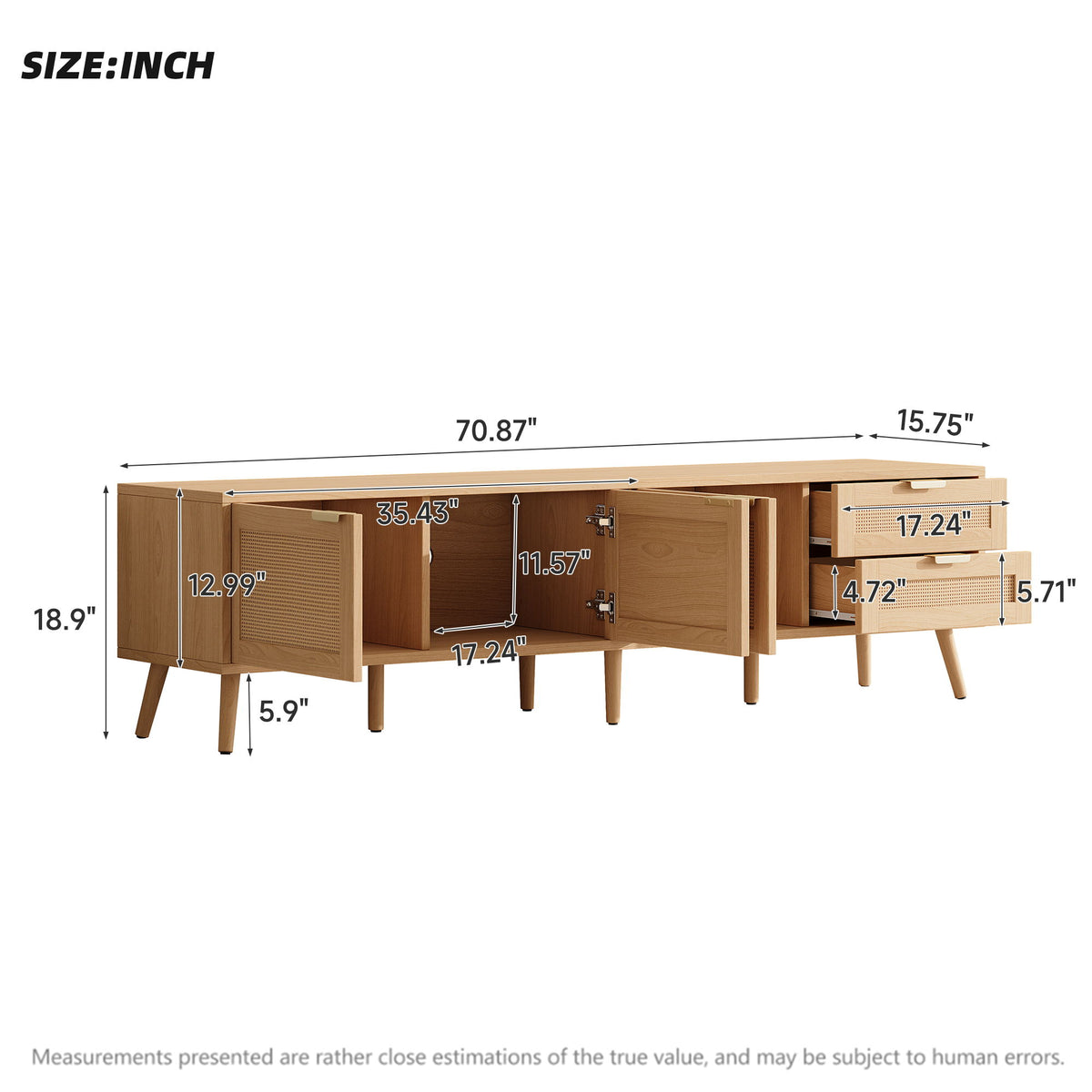 TV Stand, Media Console, 2 Drawers & Cable Management - Natural Wood