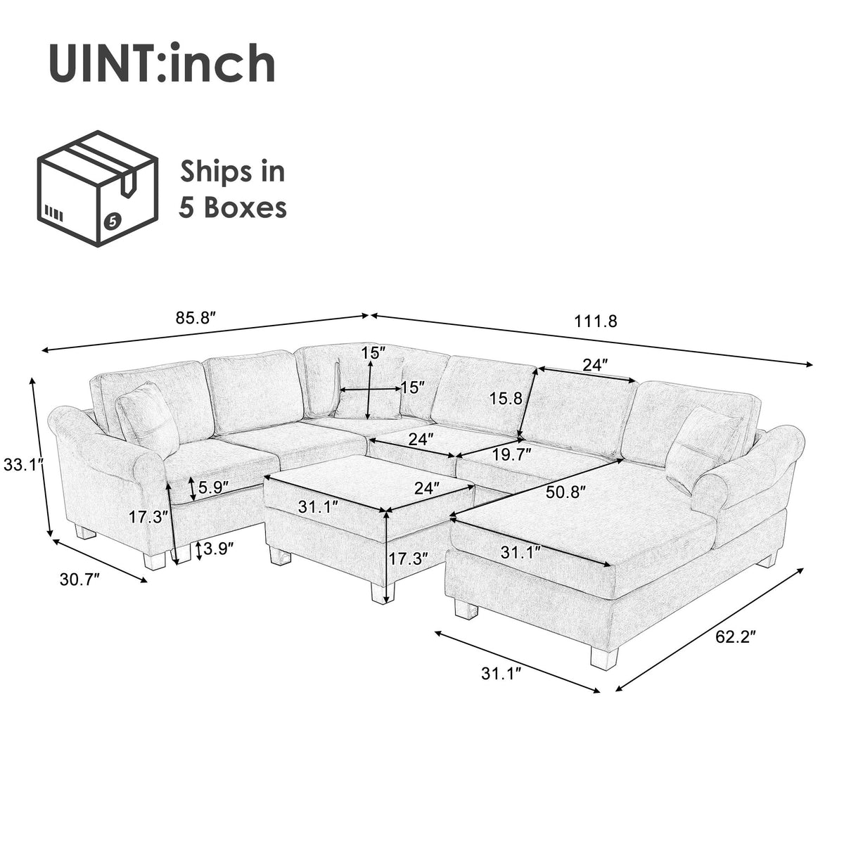 Contemporary U - Shaped Sectional Sofa With Movable Storage Ottoman